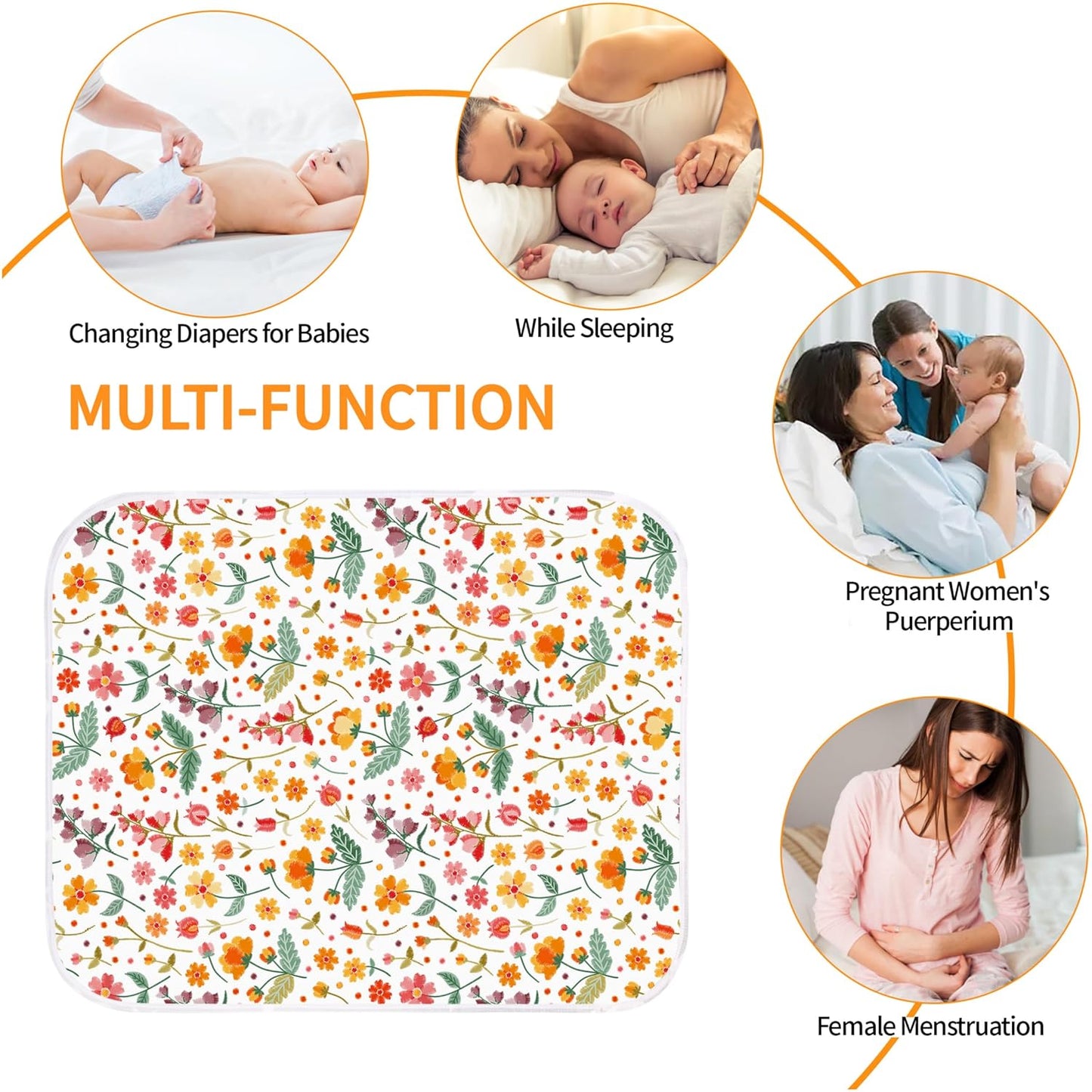 Diaper Changing Pads for Baby, Flower Change Mat, 3Layers Waterproof Change Pad Foldable Absorbent Mats for Women, Reusable Incontinence Underpads for Patient 24''x30''