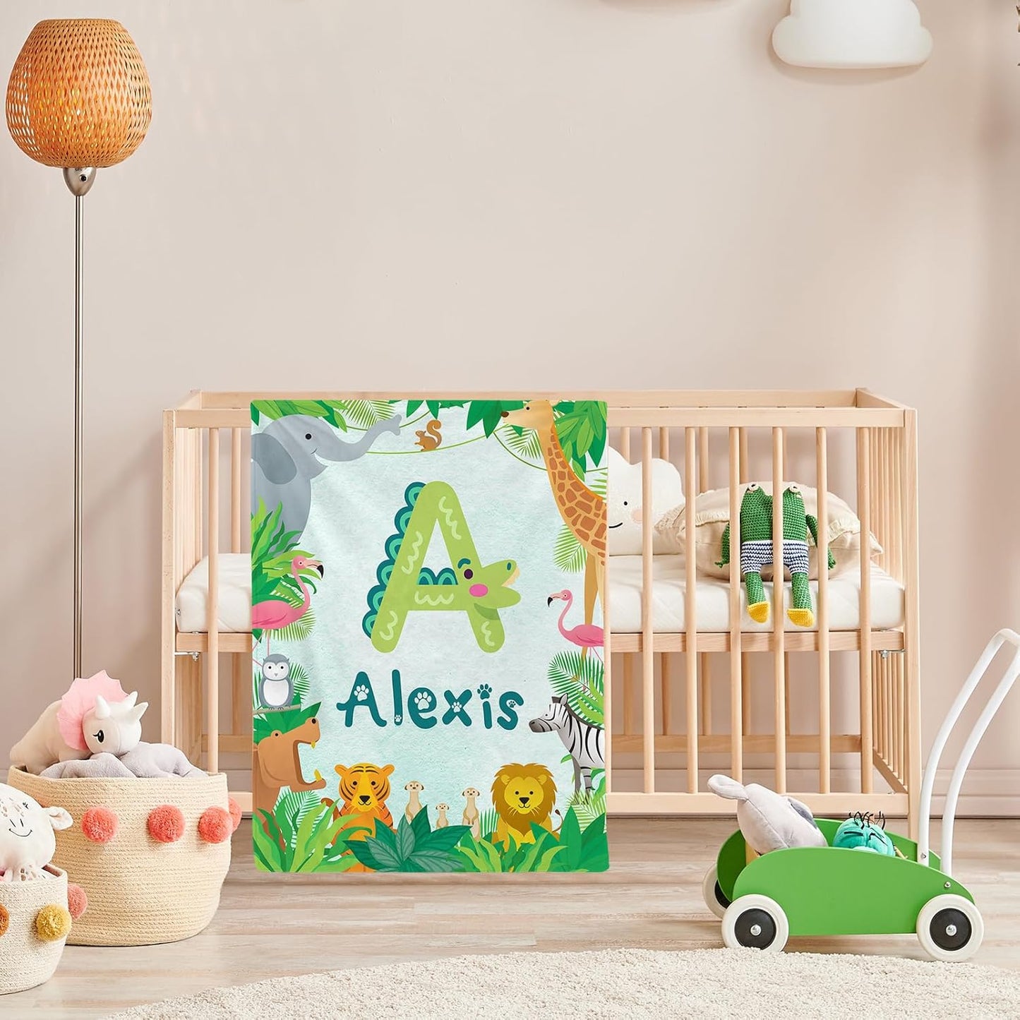 Personalized Cute Animal Baby Blanket, Custom Initial Jungle Swaddle Blanket with Name Customized Super Soft Nursery Fleece Throw Blankets for Newborns Baby Shower Girls Kids Birthday