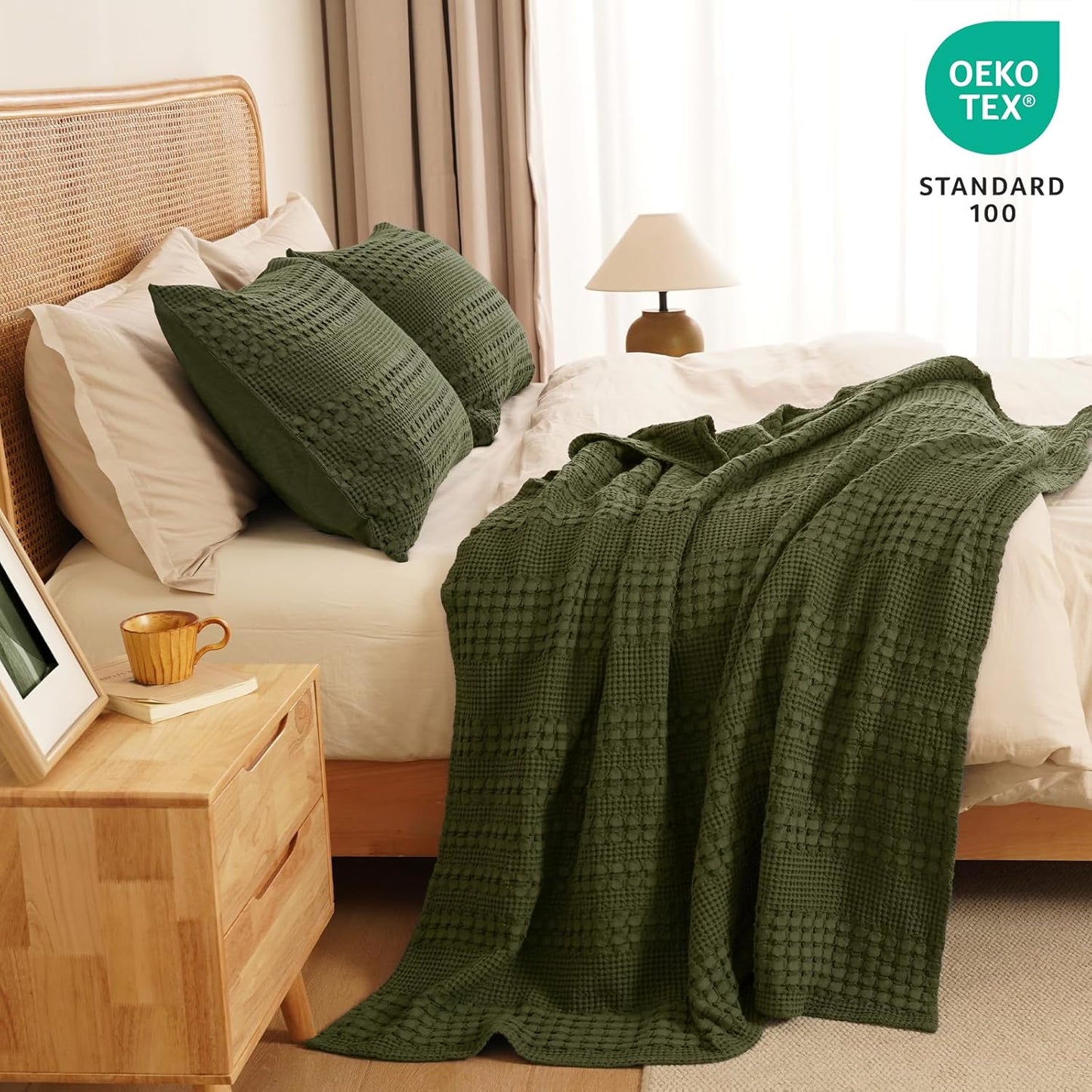 PHF 100% Cotton Waffle Weave Throw Blanket, Soft Lightweight Breathable Cozy Summer Throws for Couch Bed Sofa, Luxury Aesthetic Woven Blanket for Home Decor & Office, 50"x60", Capulet Olive
