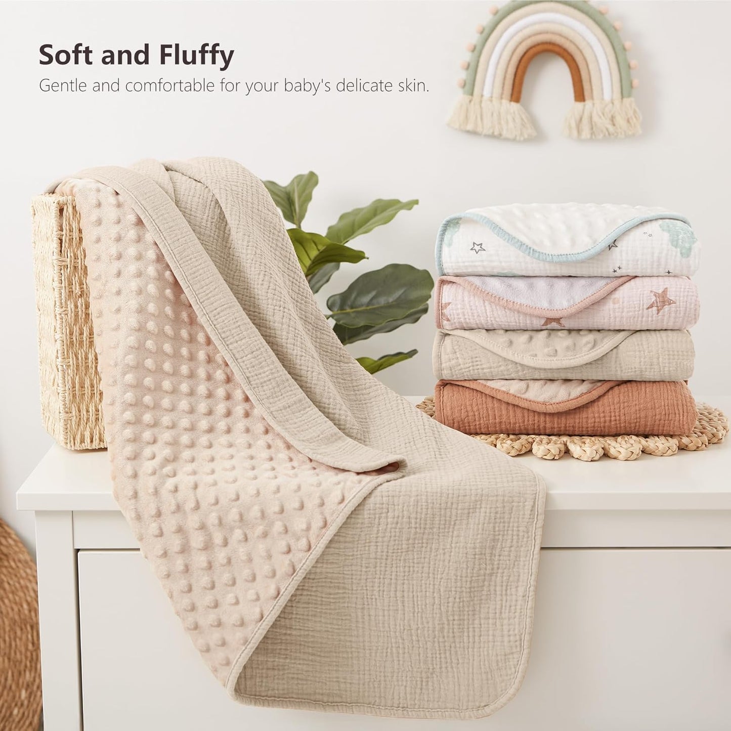 Susurration Baby Blanket for Unisex Boys Girls, Soft Nursery Minky Blanket with Muslin Cotton Front and Dotted Fleece Back, Receiving Blanket for Baby Newborn Infant, 30x40inch (Cream)