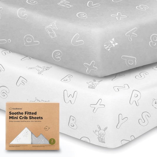 2-Pack Mini Crib Sheets Fitted - 38x26 Pack N Play Sheets for Pack and Play Mattress, Organic Cotton, Soft & Breathable Playard Bedding, Neutral Mini Toddler Bed Cover for Boys, Girls (ABC Land)