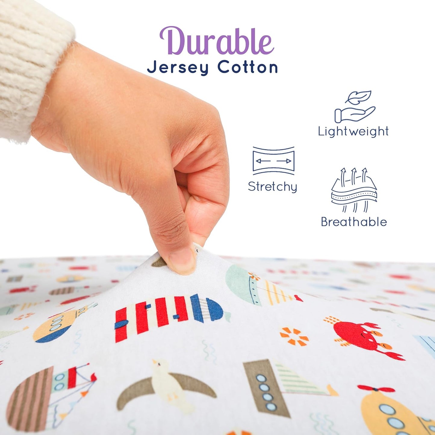 GROW WILD Nautical & Ships Baby Crib Sheets for Boys (3 Pack) - Jersey Knit Fitted Sheet (52" x 28"), Toddler Bedding Set & Baby Boy Crib Bedding Set, Anchors and Ships with Stripes