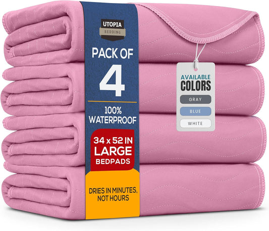 Utopia Bedding Washable Underpads 34" x 52" (Pack of 4), Waterproof Reusable Heavy Absorbency Incontinence Bed Pads for Adults, Kids, Elderly and Pets, Bedwetting Pads for Sofa and Couch (Pink)