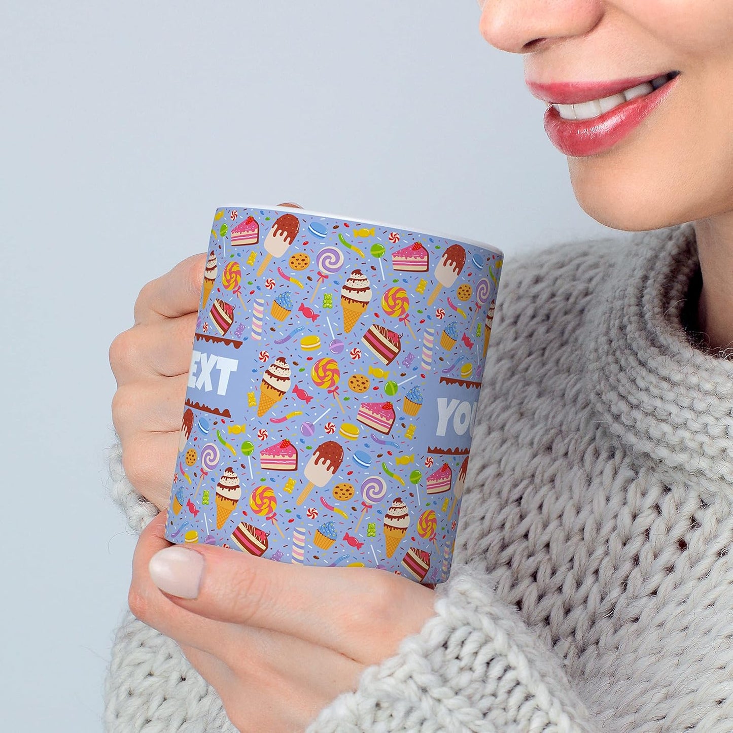 Personalized Mug for Kids - Sweets - Custom Name/Text, Ceramic Hot Chocolate/Cocoa/Coffee Cup for Boys/Girls, Birthday/Christmas/Holiday Gift - 11 oz, White Handle