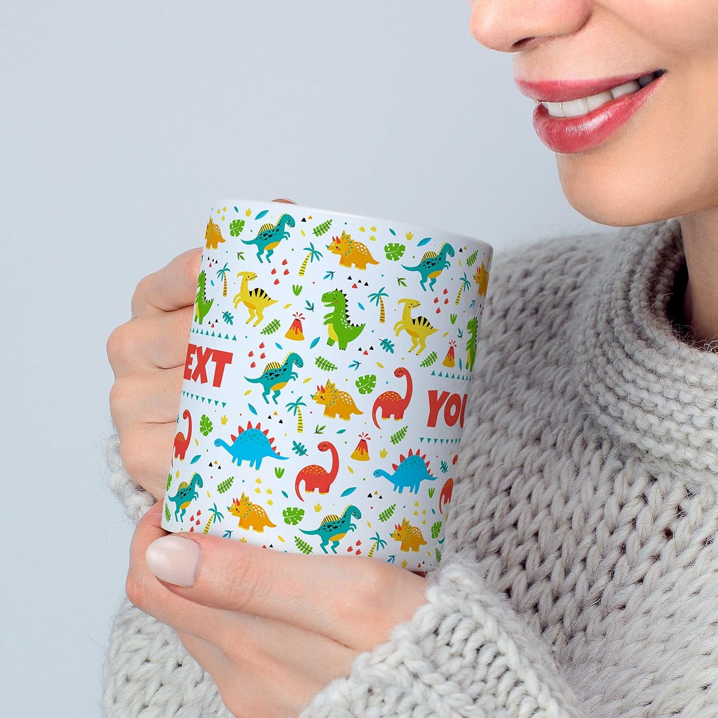 Personalized Mug for Kids - Dinosaurs - Custom Name/Text, Ceramic Hot Chocolate/Cocoa/Coffee Cup for Boys/Girls, Birthday/Christmas/Holiday Gift - 15 oz, Navy Blue Handle