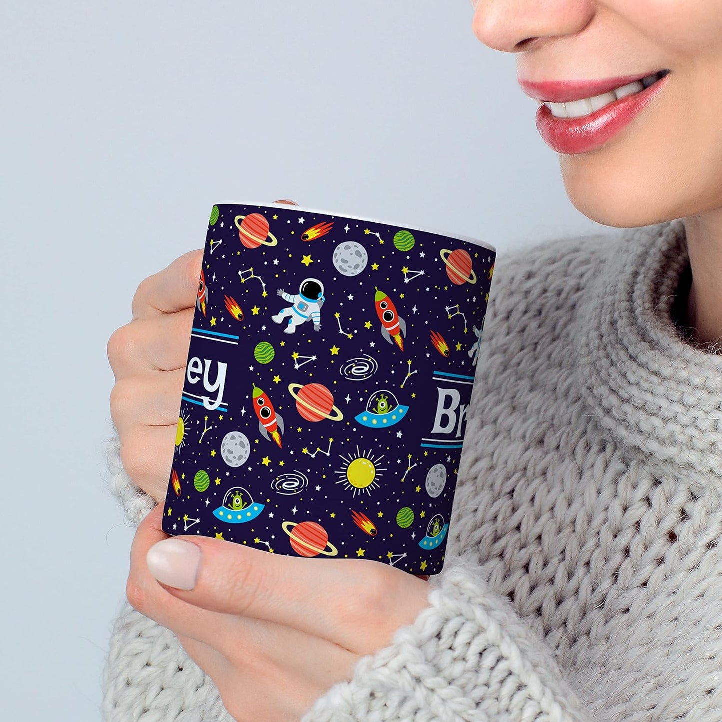 Personalized Mug for Kids - Outer Space - Custom Name/Text, Ceramic Hot Chocolate/Cocoa/Coffee Cup for Boys/Girls, Birthday/Christmas/Holiday Gift - 11 oz, Navy Blue Handle