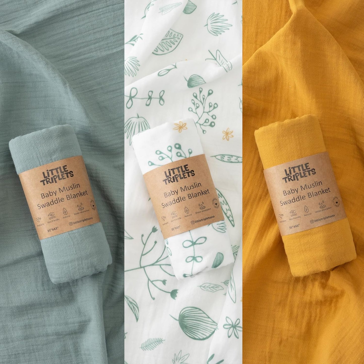 Muslin Swaddle Blankets for Newborns 3 Pack, Soft & Breathable Baby Receiving Blankets 35” x 43” Unisex Infant Essentials with Reusable Bag, 100% Turkish Cotton, Oeko-TEX Certified