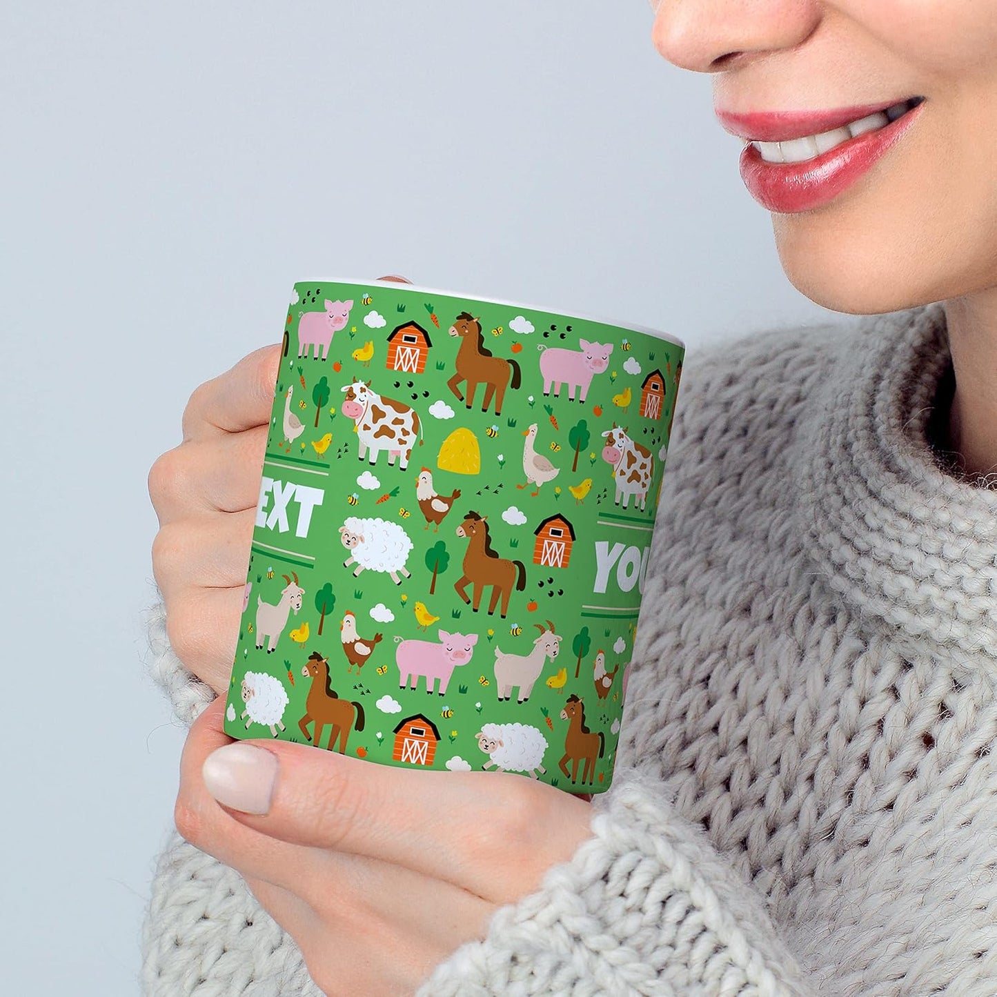 Personalized Mug for Kids - Farm Animals - Custom Name/Text, Ceramic Hot Chocolate/Cocoa/Coffee Cup for Boys/Girls, Birthday/Christmas/Holiday Gift - 15 oz, White Handle