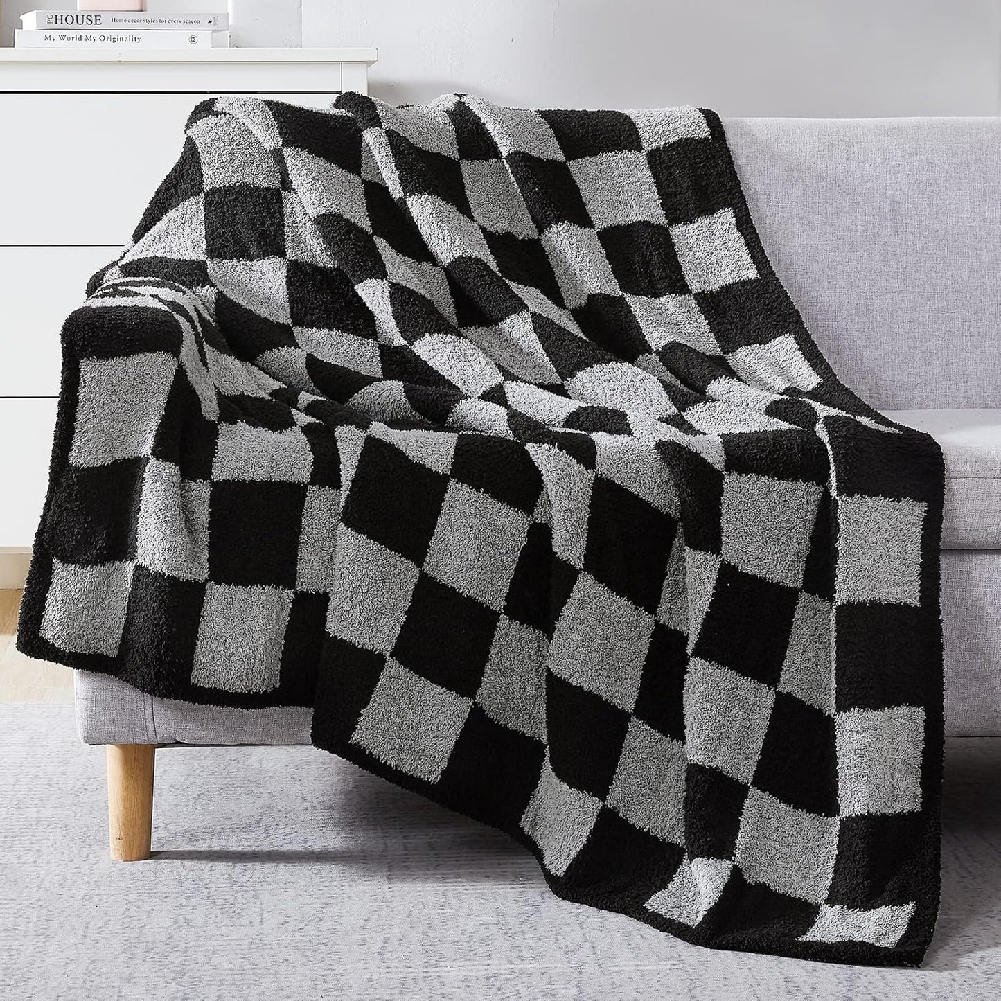 WRENSONGE Checkered Throw Blanket, Black Grey Checkered Soft Cozy Fluffy Warm Hand Made Weave Throw Blankets for Couch, Sofa, Chair, Bed, Picnic,Travel Lightweight Bed Blanket - 60 * 80