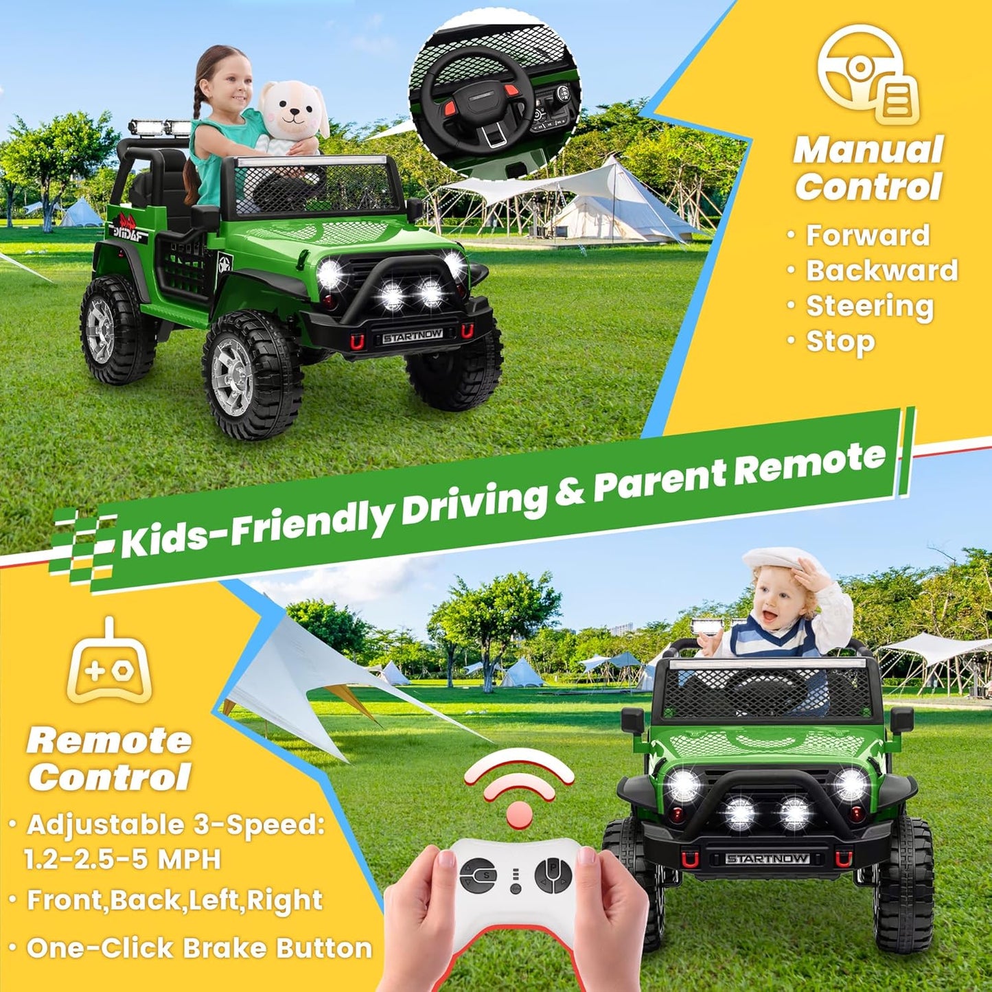 24V 4WD Ride on Truck Car w/800W Motors, Gift Flower, Remote Control, 2 Seaters, Light Bar, 3 Speeds, Pop Music, Power Four Wheels, 24 Volt Ride on Toy Car for Big Kids, Green