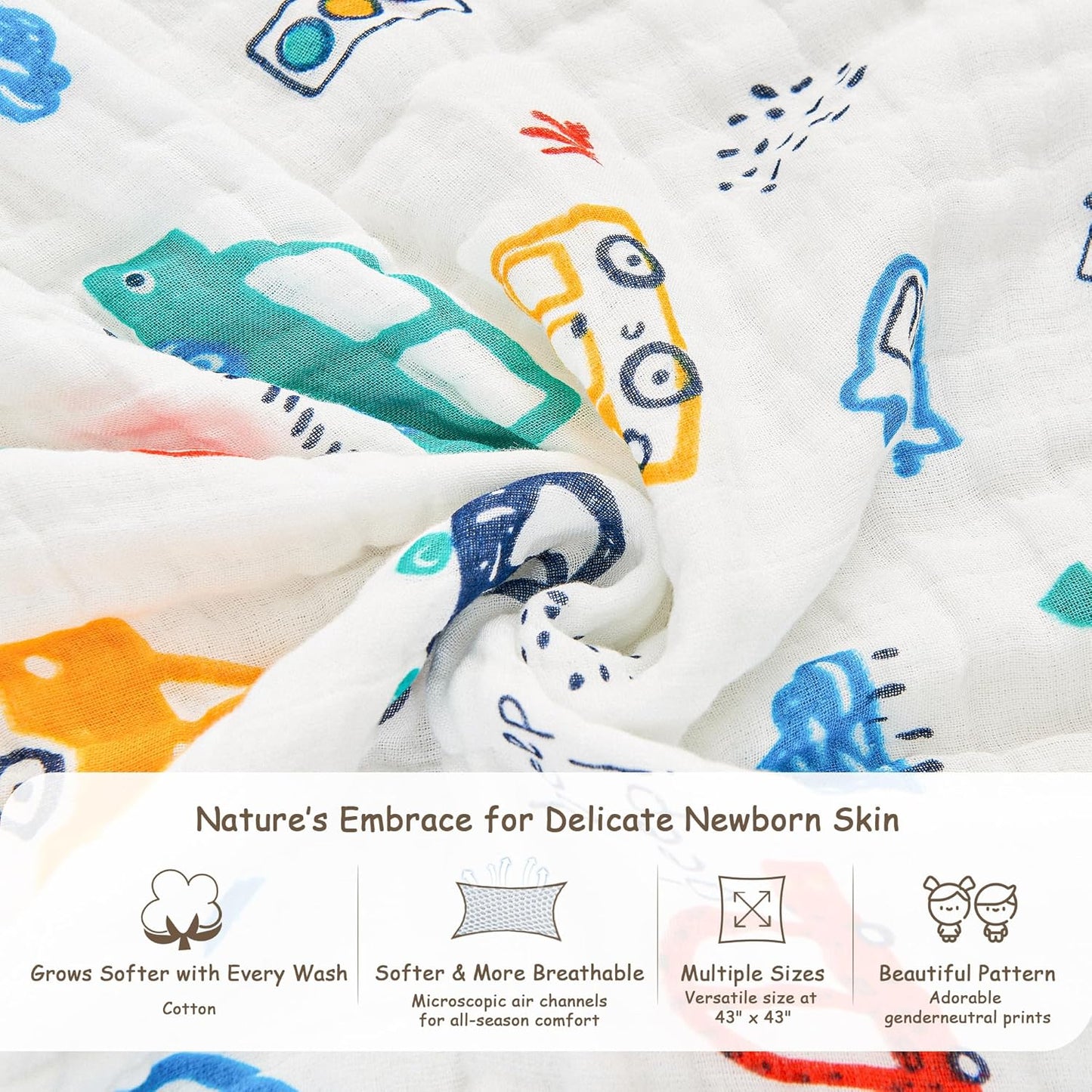 Luxury Muslin Baby Blanket, Cozy Swaddle, 6-Layer Cotton Receiving Blanket for Newborn Infant, 43x43 Inch Lightweight Breathable Crib Blanket, Nursery Stroller Toddler Quilt, Car Family