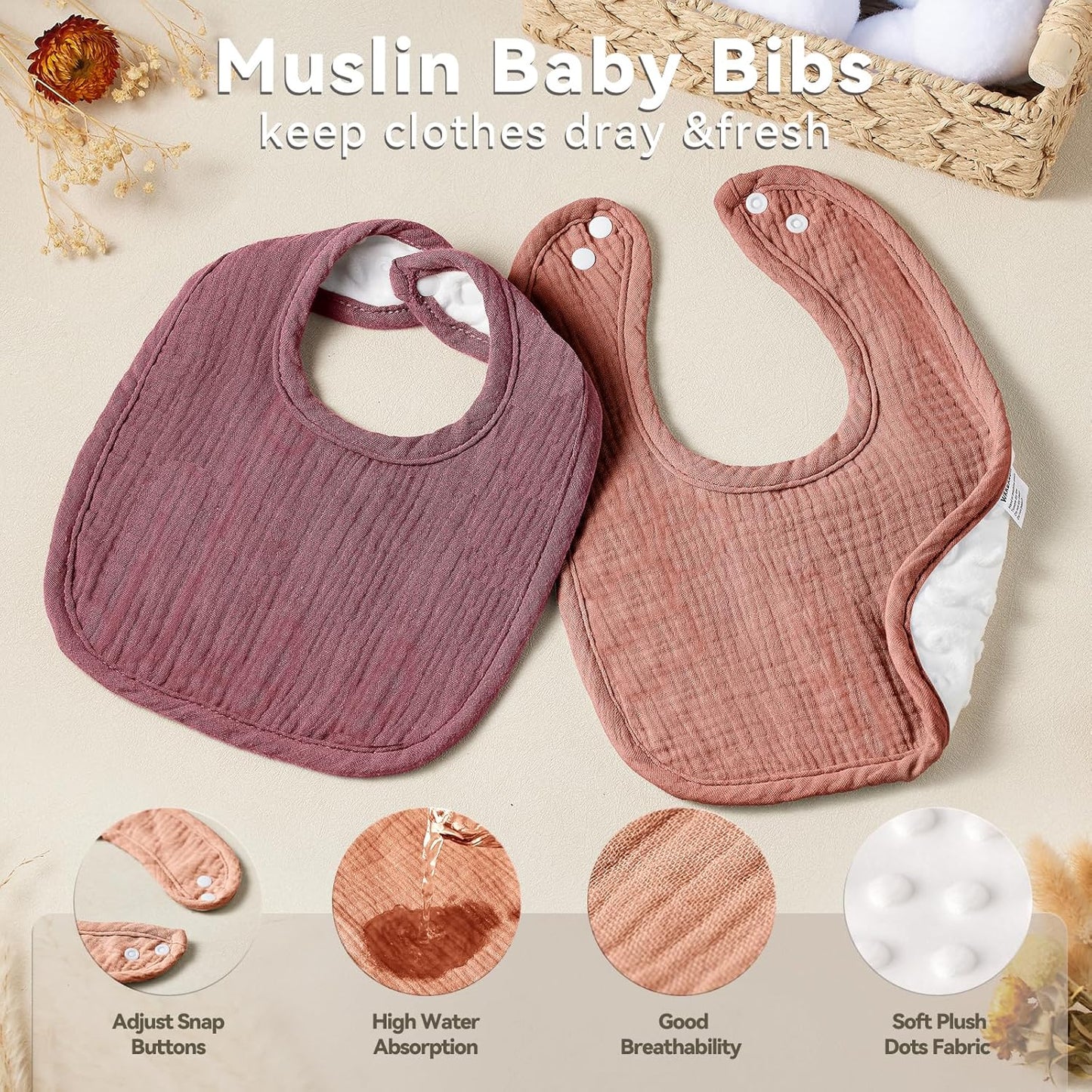 Muslin Baby Bibs for Unisex Boys Girls, Cotton Drool Bibs, Adjustable Newborn Bibs for Drooling and Teething