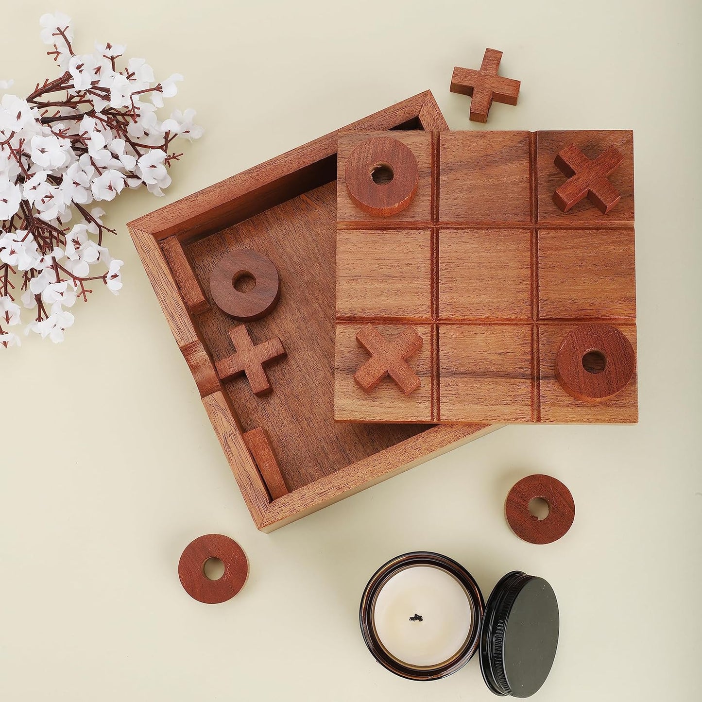 Ajuny Tic Tac Toe Classic Board Games for Kids and Adults with Decorative Storage Box Wooden Farmhouse Coffee Table Living Room Desk Decor Family Night Travel Game Best Gifts 5.9 Inch