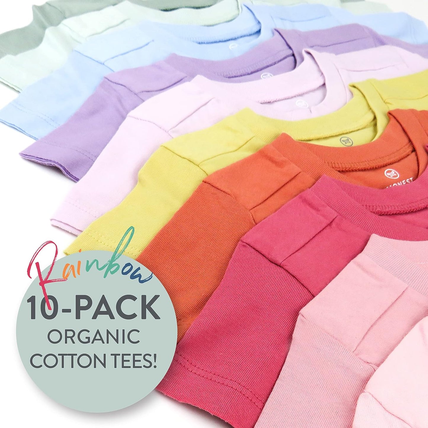 HonestBaby 10-Pack Short Sleeve T-shirts 100% Organic Cotton Baby, Toddler, Little Kids, Boys, Girls, Unisex