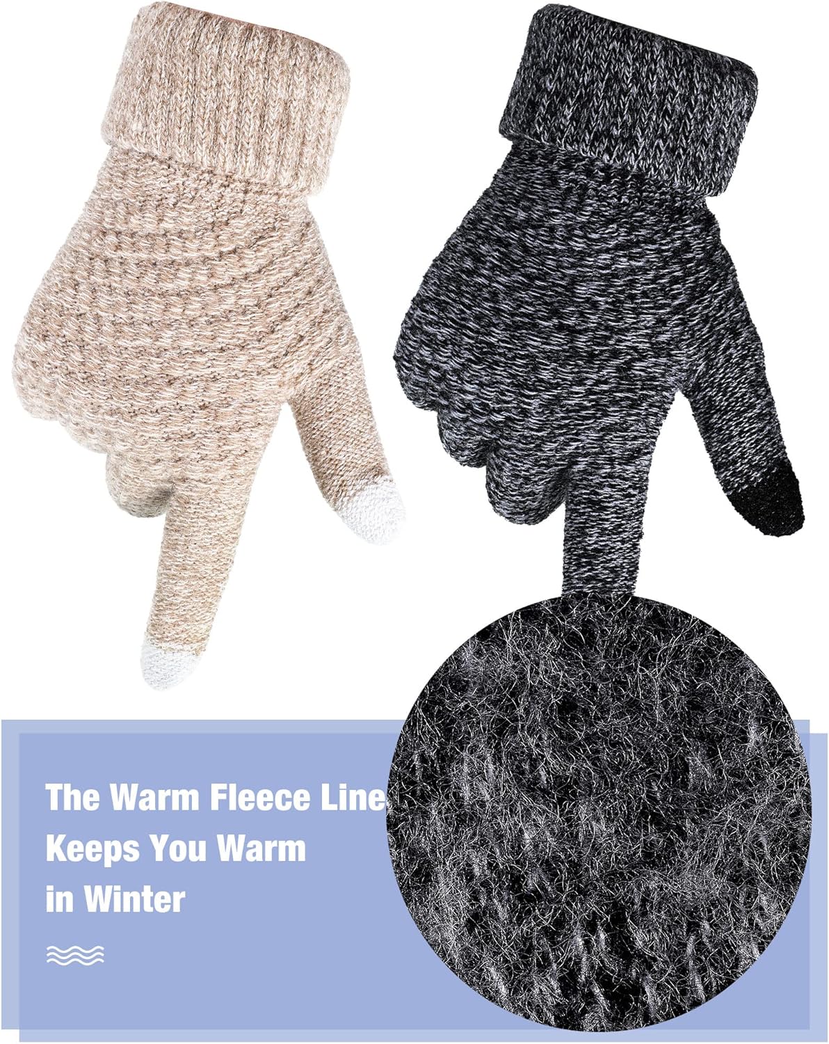 Geyoga 2 Pairs Women's Winter Touch Screen Gloves Soft Warm Fleece Lined Knit Elastic Cuff Winter Texting Gloves
