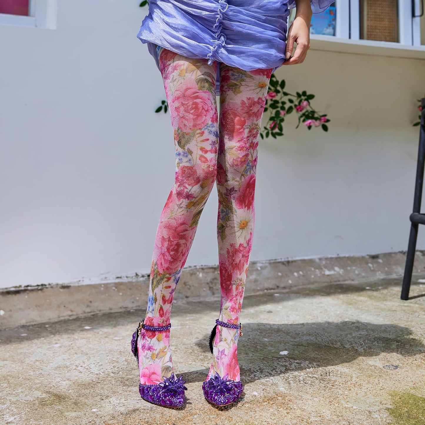 Sahabowi Women's Sheer Fashion Digital Print Fashions Stockings Metallic Silver Tights 1