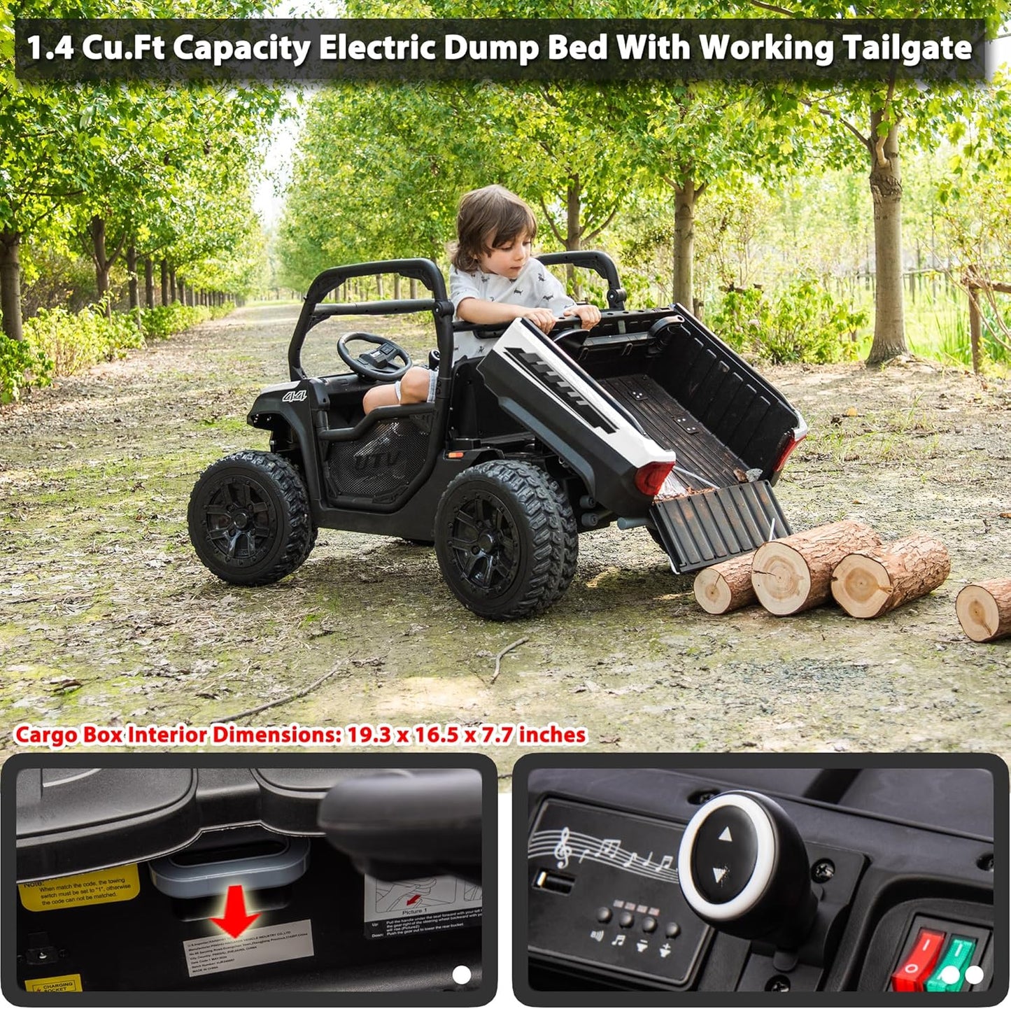 sopbost 24V 10Ah 2 Seater Ride On Car with Remote Control Battery Powered Ride On Toy Electric Kids UTV with Large Dump Bed, 4x75W Motors, White & Black