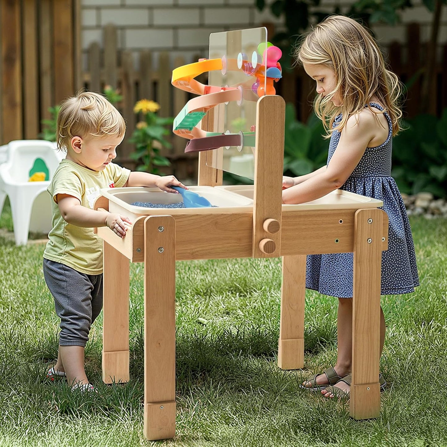 bopoobo Sand and Water Table for Toddlers, 4 in 1 Kids Wooden Sensory Activity Table with 2 Storage Bins, Painting Acrylic Board, Slide Track Toy & Windmill Suction Cups Toy, Beach Accessories