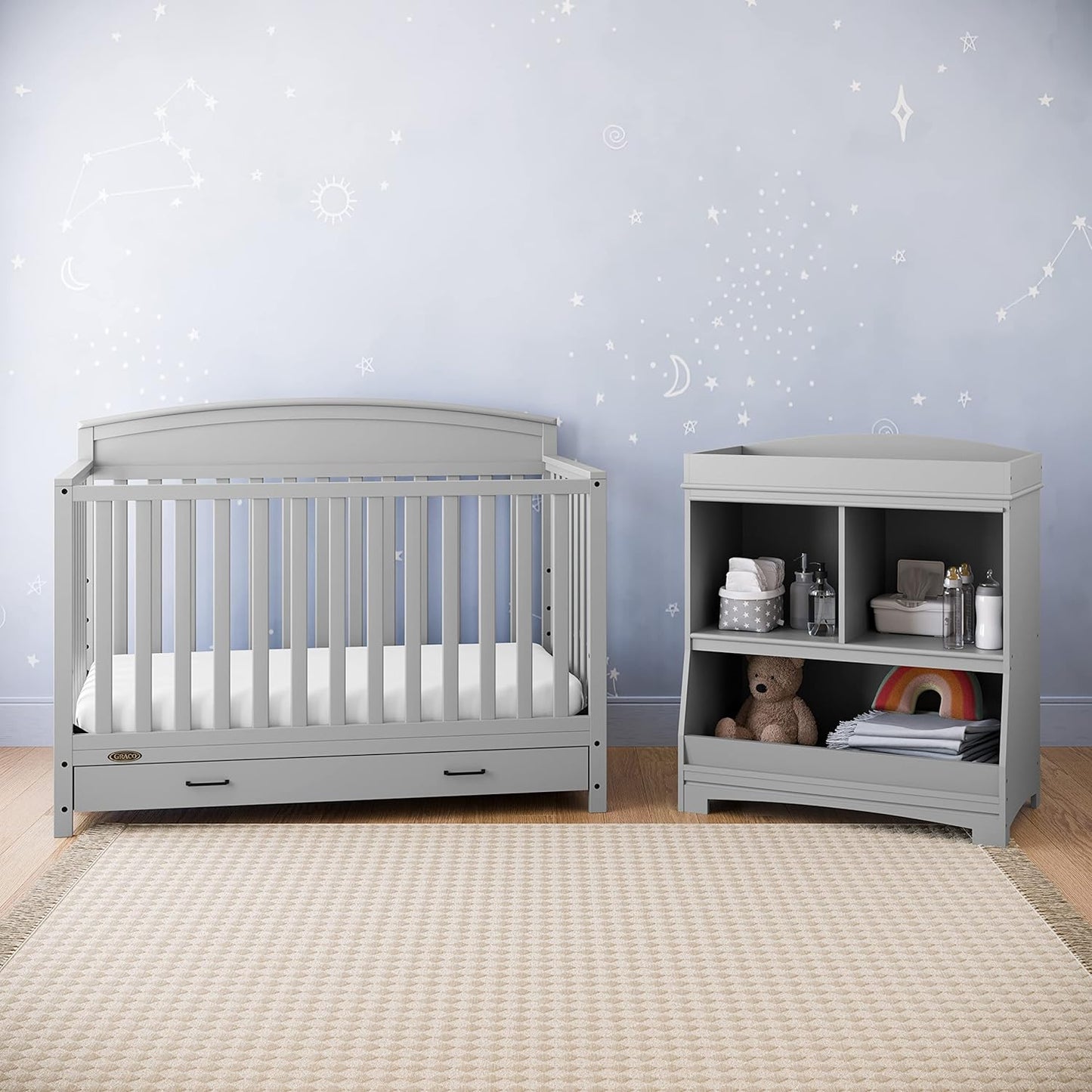 Graco Benton 5-in-1 Convertible Crib with Drawer (Pebble Gray) -Converts from Baby Crib to Toddler Bed, Daybed and Full-Size Bed,Fits Standard Full-Size Crib Mattress, Adjustable Mattress Support Base