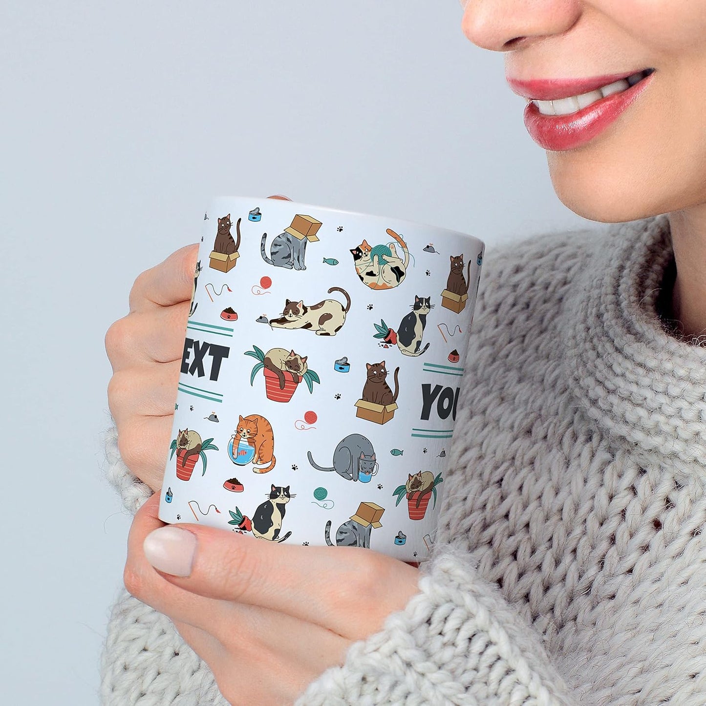 Personalized Mug for Kids - Cats - Custom Name/Text, Ceramic Hot Chocolate/Cocoa/Coffee Cup for Boys/Girls, Birthday/Christmas/Holiday Gift - 15 oz, Light Blue Handle