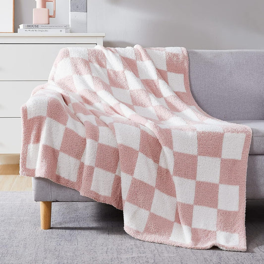 WRENSONGE Checkered Throw Blanket, Pink Soft Cozy Fluffy Warm Hand Made Throw Blankets for Couch, Sofa, Chair, Bed, Camping, Picnic, Travel Lightweight Bed Blankets for Women Mothers Birthday Gifts