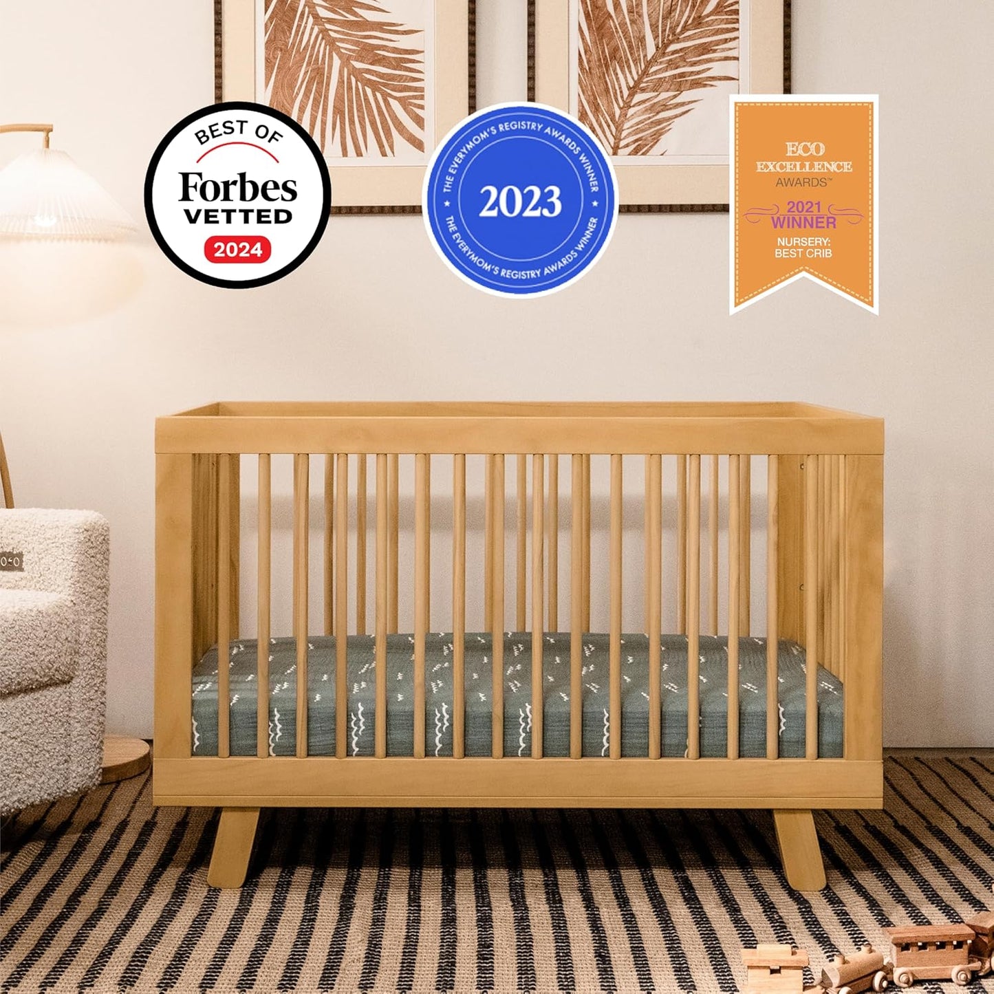 babyletto Hudson 3-in-1 Convertible Baby Crib with Wooden Toddler Bed & Daybed Conversion - Easy to Assemble & GREENGUARD Gold Certified - 4 Adjustable Mattress Heights - Honey