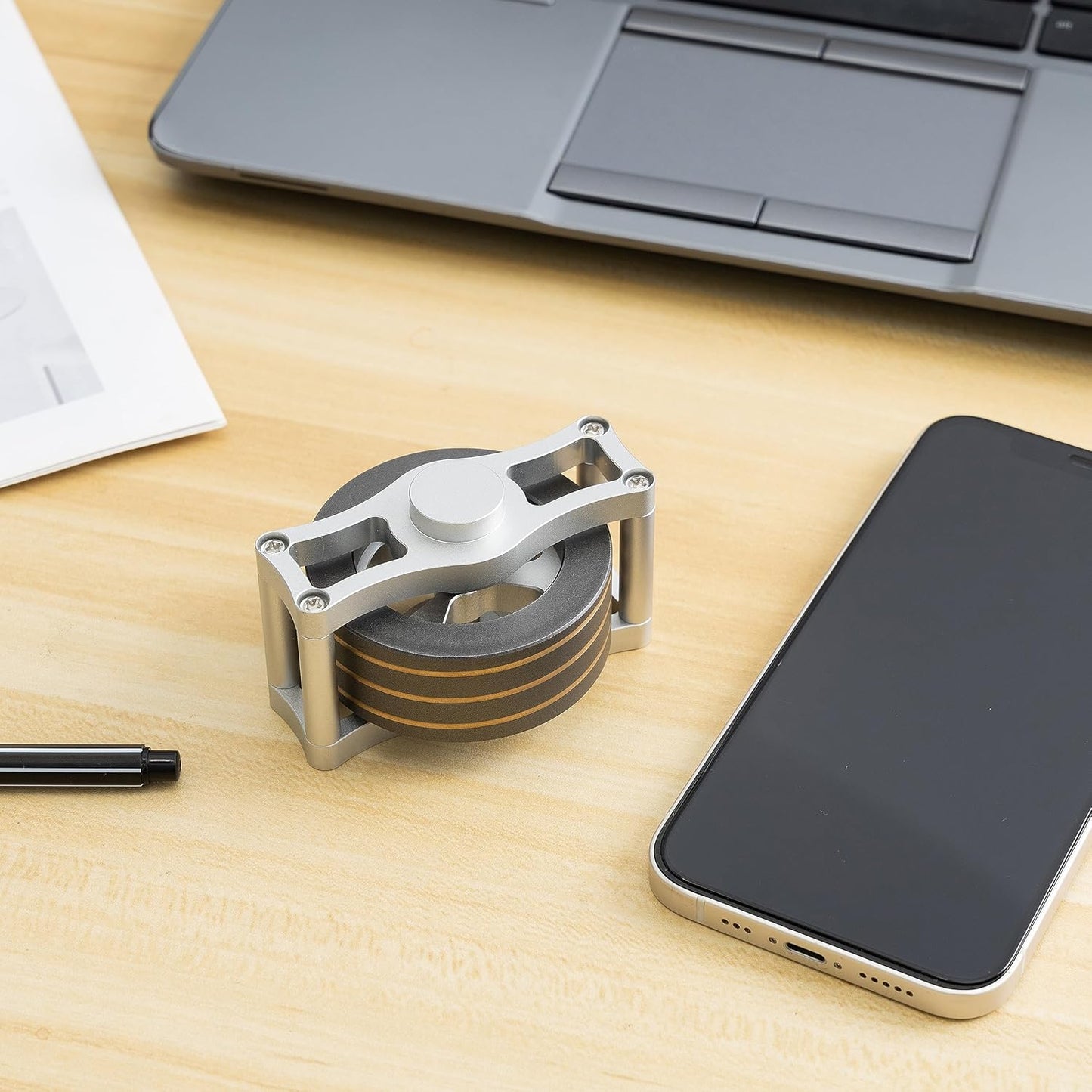 Brass Kinetic Spinning Top, Desk Fidget Toy for Adults, Stress Relief Toy for Office, Gray