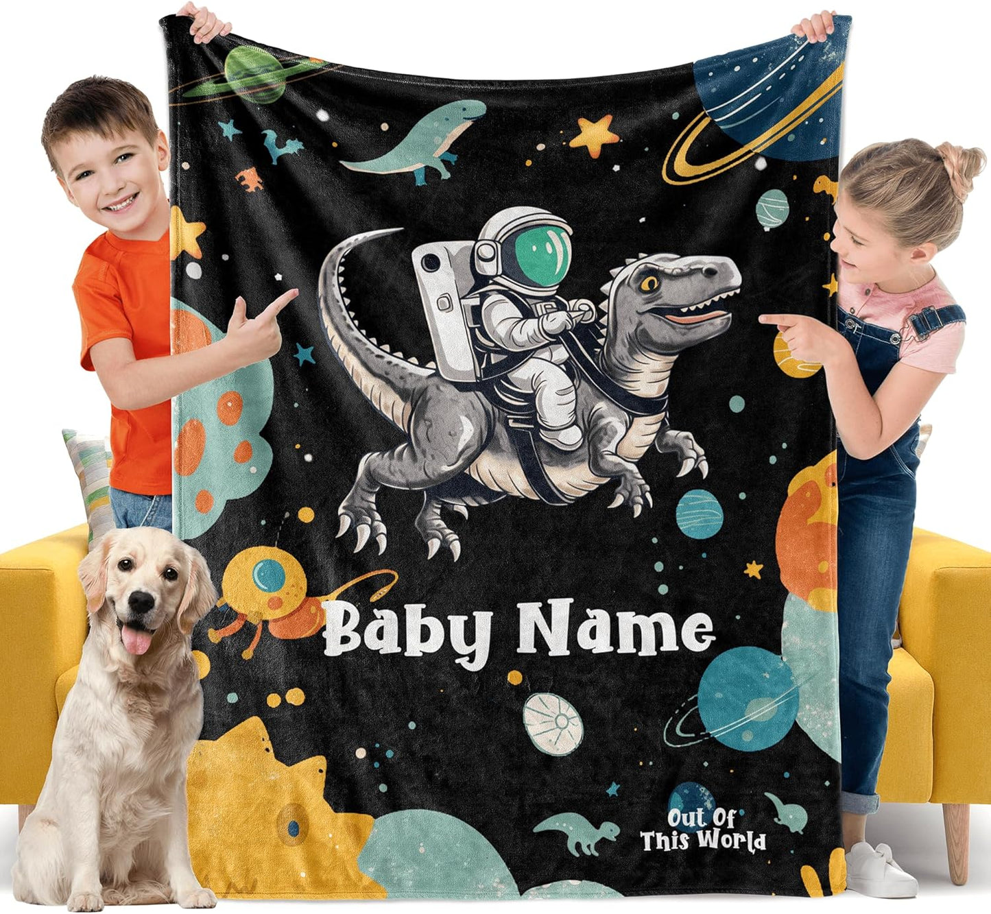 Cute Astronaut Riding Dinosaur Space Baby Blanket, Personalized Custom Baby Throw Blanket with Name for Boys Newborn Son Daughter Grandson Granddaughter Toddler Birthday Bed Blanket