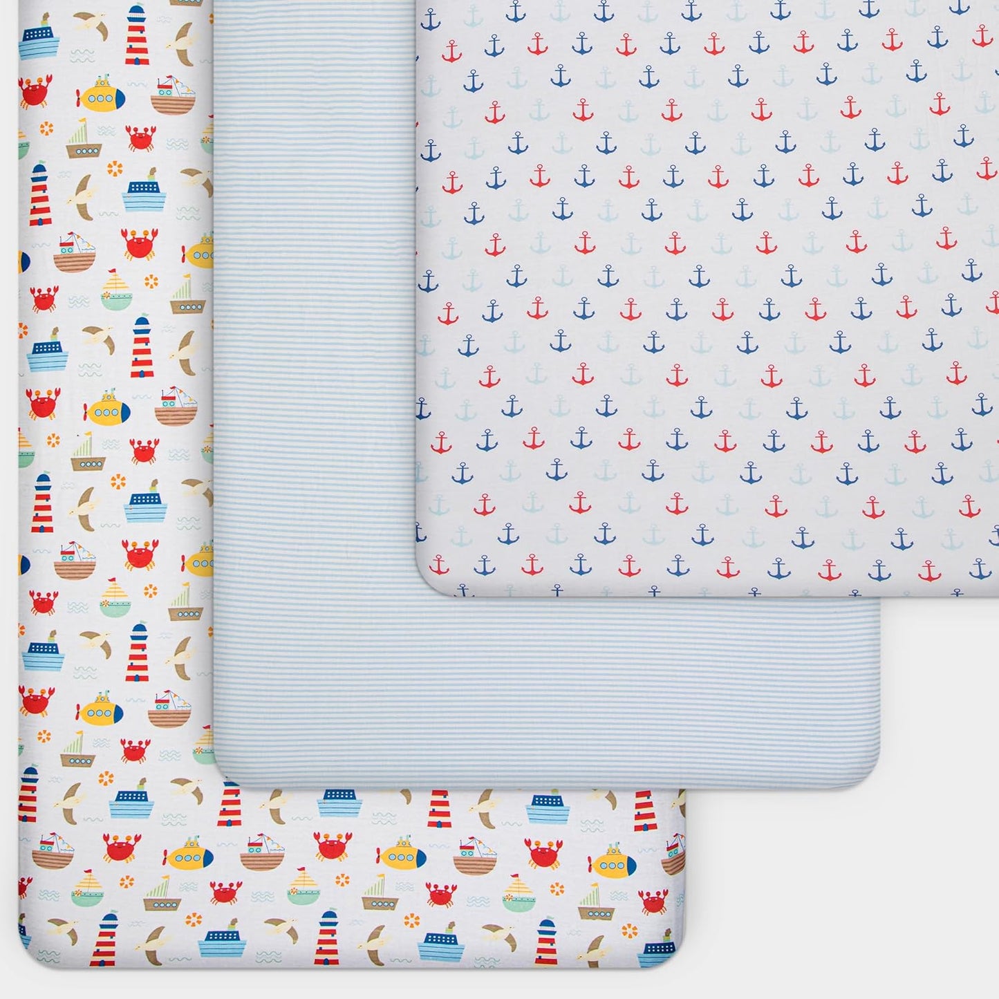 GROW WILD Nautical & Ships Baby Crib Sheets for Boys (3 Pack) - Jersey Knit Fitted Sheet (52" x 28"), Toddler Bedding Set & Baby Boy Crib Bedding Set, Anchors and Ships with Stripes