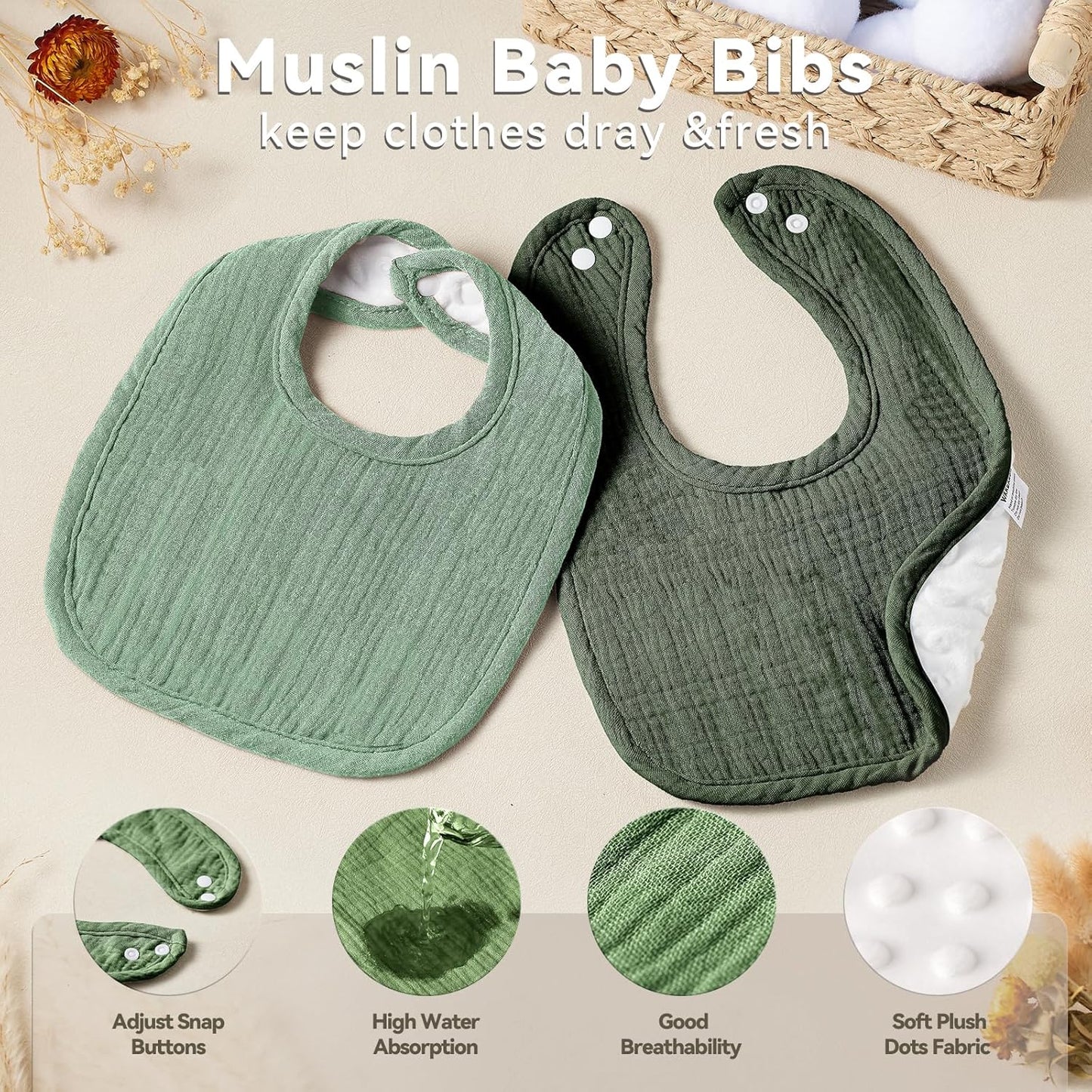 Muslin Baby Bibs for Unisex Boys Girls, Cotton Drool Bibs, Adjustable Newborn Bibs for Drooling and Teething