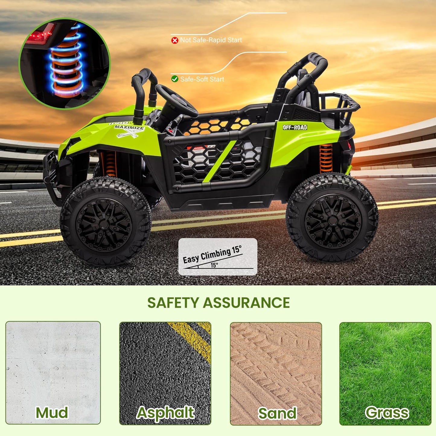 24V 2 Seater Ride On Car Truck, Power Wheels Kids UTV w/Parent Remote Control, 3.1 MPH Max Speed, Music Player, LED Lights & Storage, Electric Vehicle Ride On Toy for Kids Toddler Ages 3-8, Green