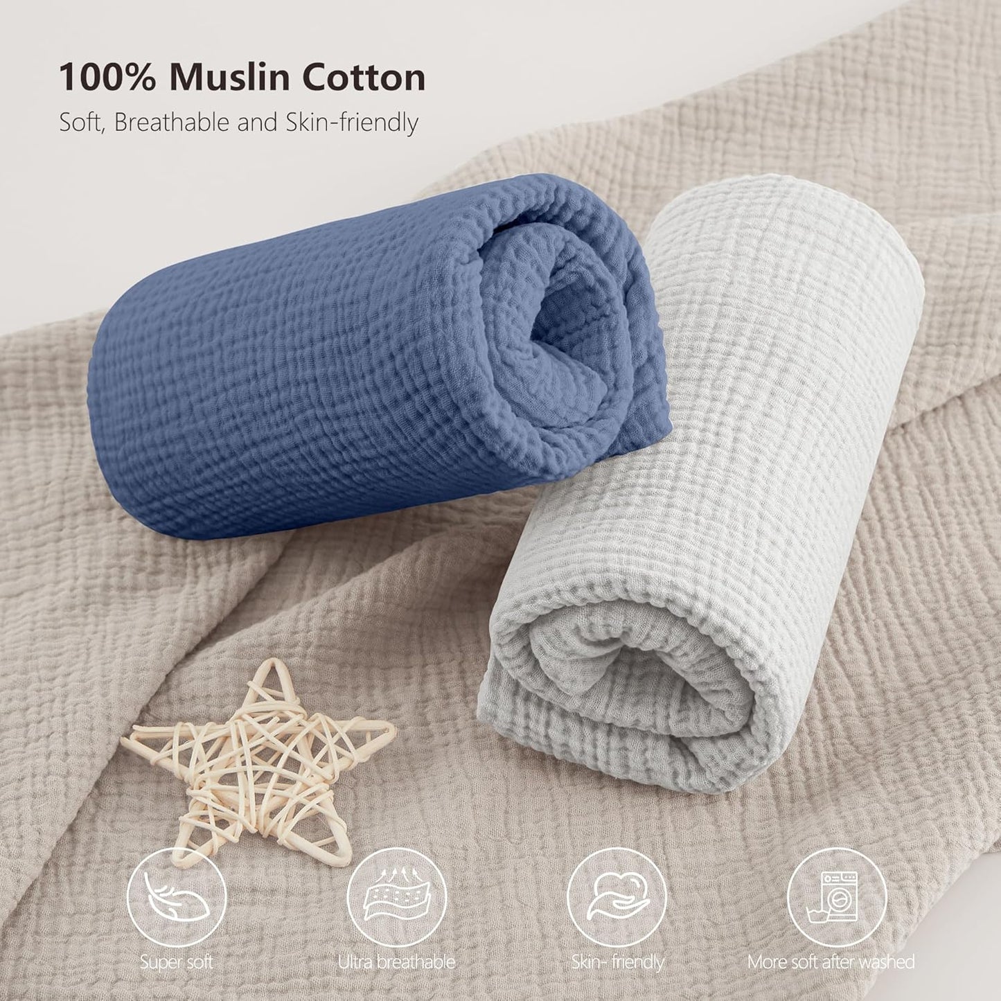 Bearmoss Muslin Mini Crib Sheets for Pack N Play Mattress - 100% Cotton - 38"x24" Soft Breathable Playard Baby Crib Sheets Neutral for Boys Girls - 2 Pack (Blue Elephant)