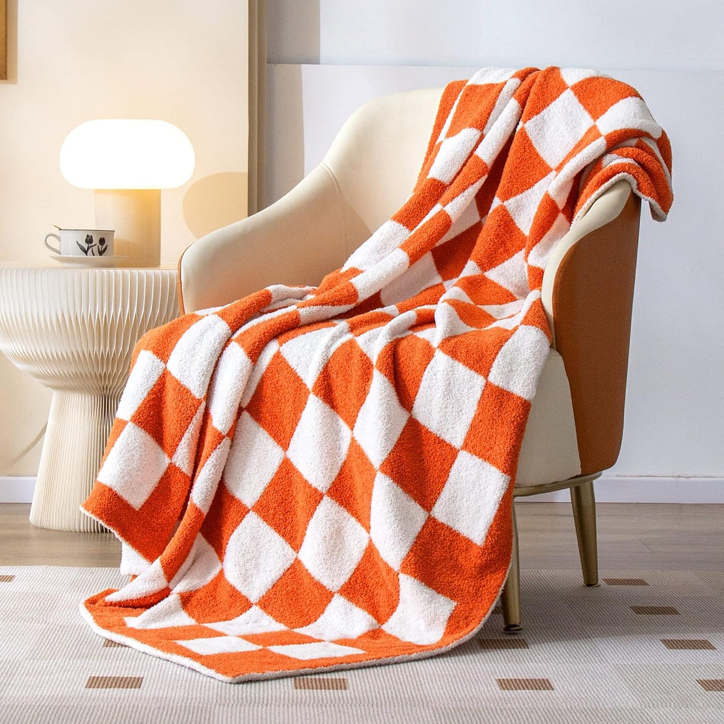 SeaRoomy CheckeredThrow Blanket, Soft Fluffy Microfiber Knit Throw Blanket for Couch Bed, Warm Cozy Reversible Checkerboard Knitted Blanket Room Decor(Burnt Orange, 51"×63")
