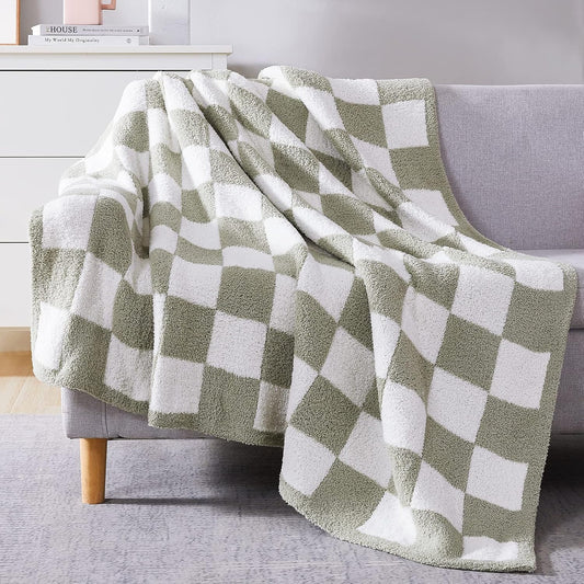 WRENSONGE Checkered Throw Blanket, Sage Green Soft Cozy Fluffy Warm Hand Made Throw Blankets for Couch, Sofa, Chair, Bed, Camping, Picnic, Travel Lightweight Bed Blanket - 60"*80"