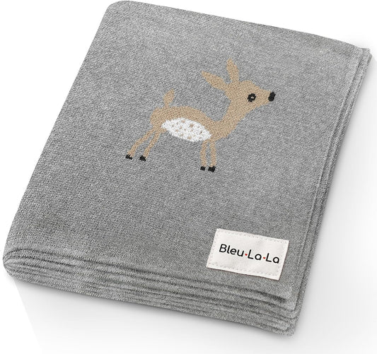 Knit Baby Swaddle Blanket - 100% Cotton Soft Cozy Receiving Swaddling Crib Stroller Quilt Blanket for Shower Gift Registry for Newborns, Infants, Toddlers, Unisex (Deer - Grey)