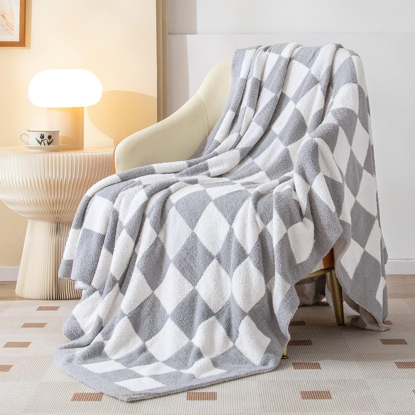 SeaRoomy Checkered Throw Blanket, Soft Cozy Fluffy Reversible Checkerboard Knitted Throw Blanket, Warm Plush Microfiber Plaid Lightweight Blanket for Couch Bed Travel(Grey, 51"×63")