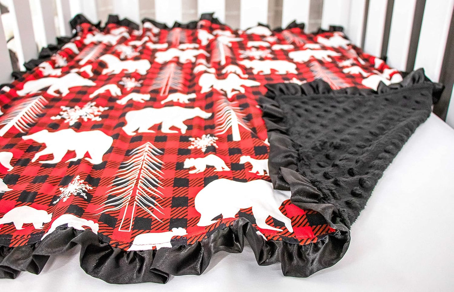 Top Tots Baby Blanket - Bear Cubs & Snowflakes with Minky Dot & Satin Ruffle, 31 x 31 Inch Red & Black Plaid