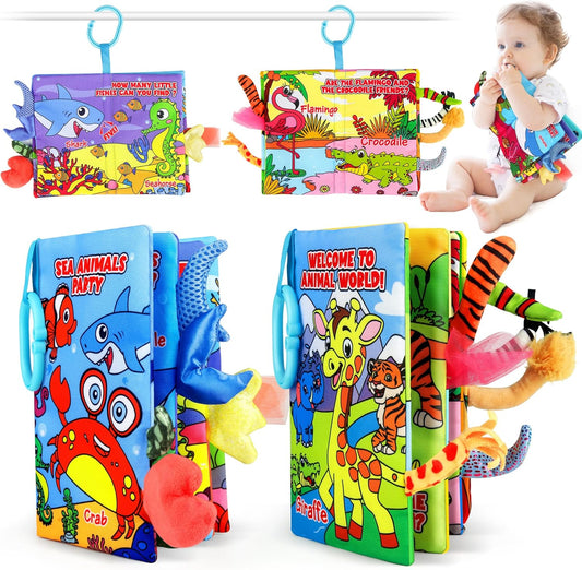 Vanmor Soft Baby Books for 0-18 Month Olds – 2PCS Crinkle Cloth Books with Forest & Ocean Themes, Tummy Time Toys for Infants, Sensory Books for Babies, Ideal Christmas