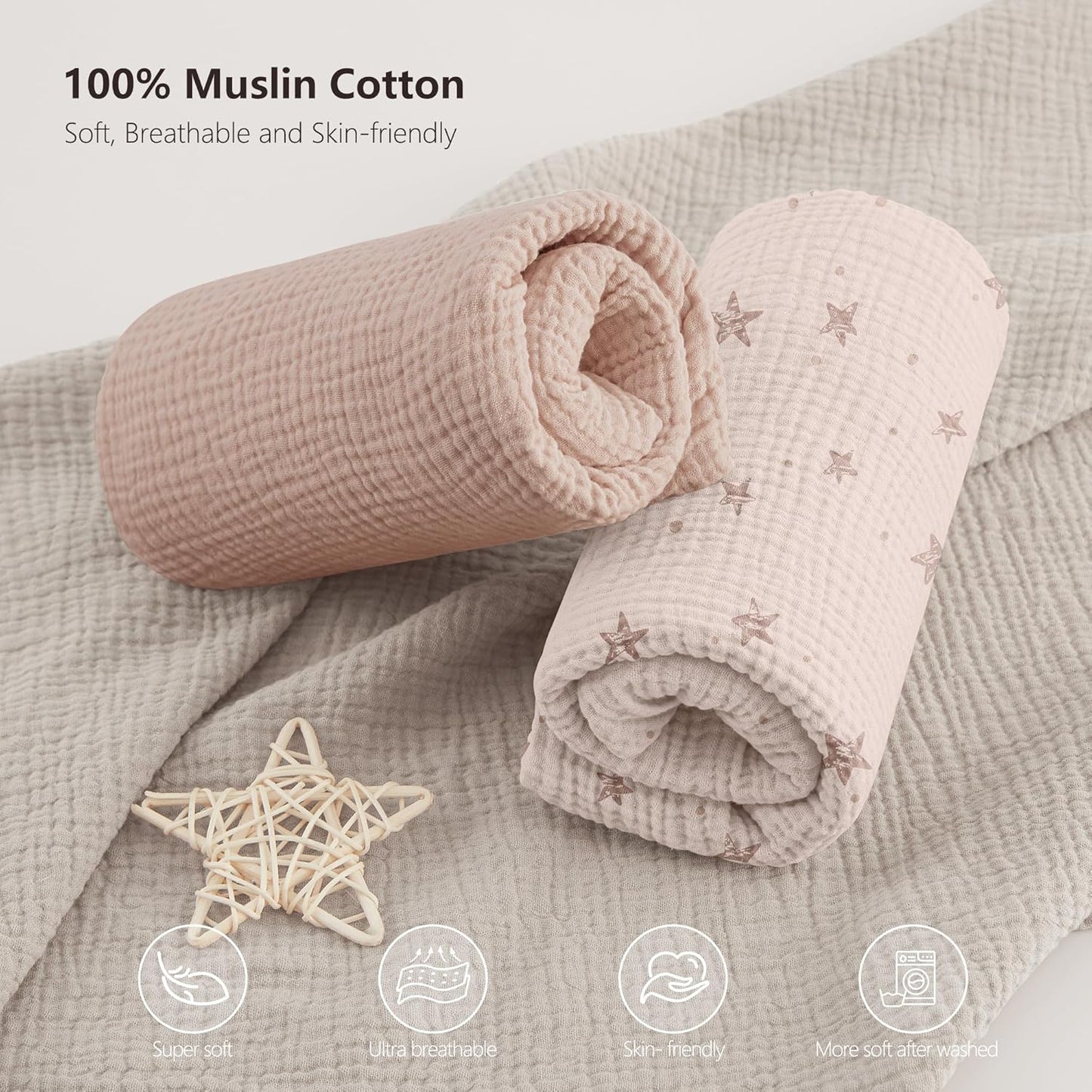 Bearmoss Muslin Mini Crib Sheets for Pack N Play Mattress - 100% Cotton - 38"x24" Soft Breathable Playard Baby Crib Sheets Neutral for Boys Girls - 2 Pack (Pink Star)