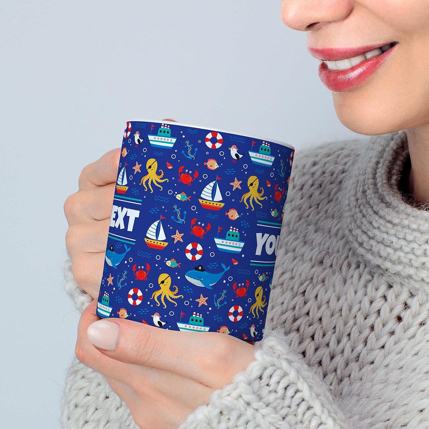 Personalized Mug for Kids - Nautical - Custom Name/Text, Ceramic Hot Chocolate/Cocoa/Coffee Cup for Boys/Girls, Birthday/Christmas/Holiday Gift - 11 oz, Black Handle