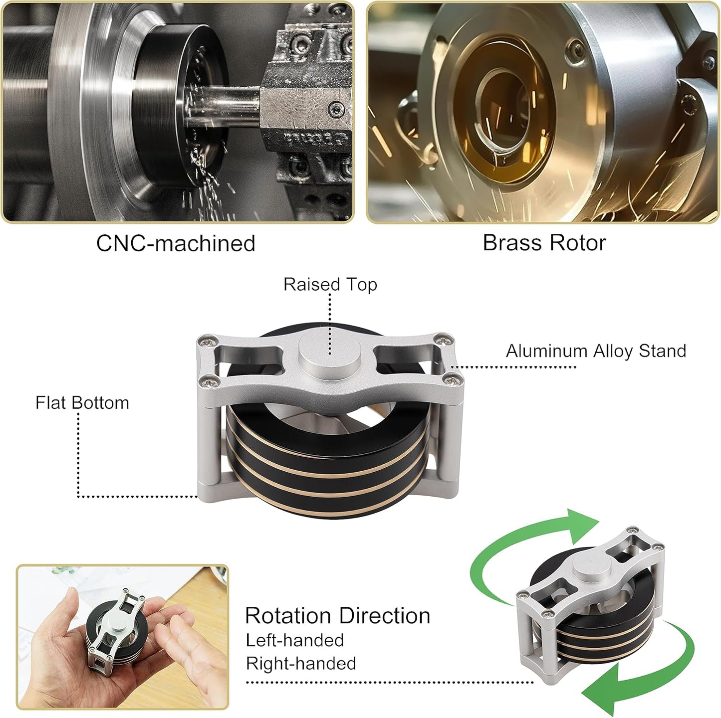 Brass Kinetic Spinning Top, Desk Fidget Toy for Adults, Stress Relief Toy for Office, Black