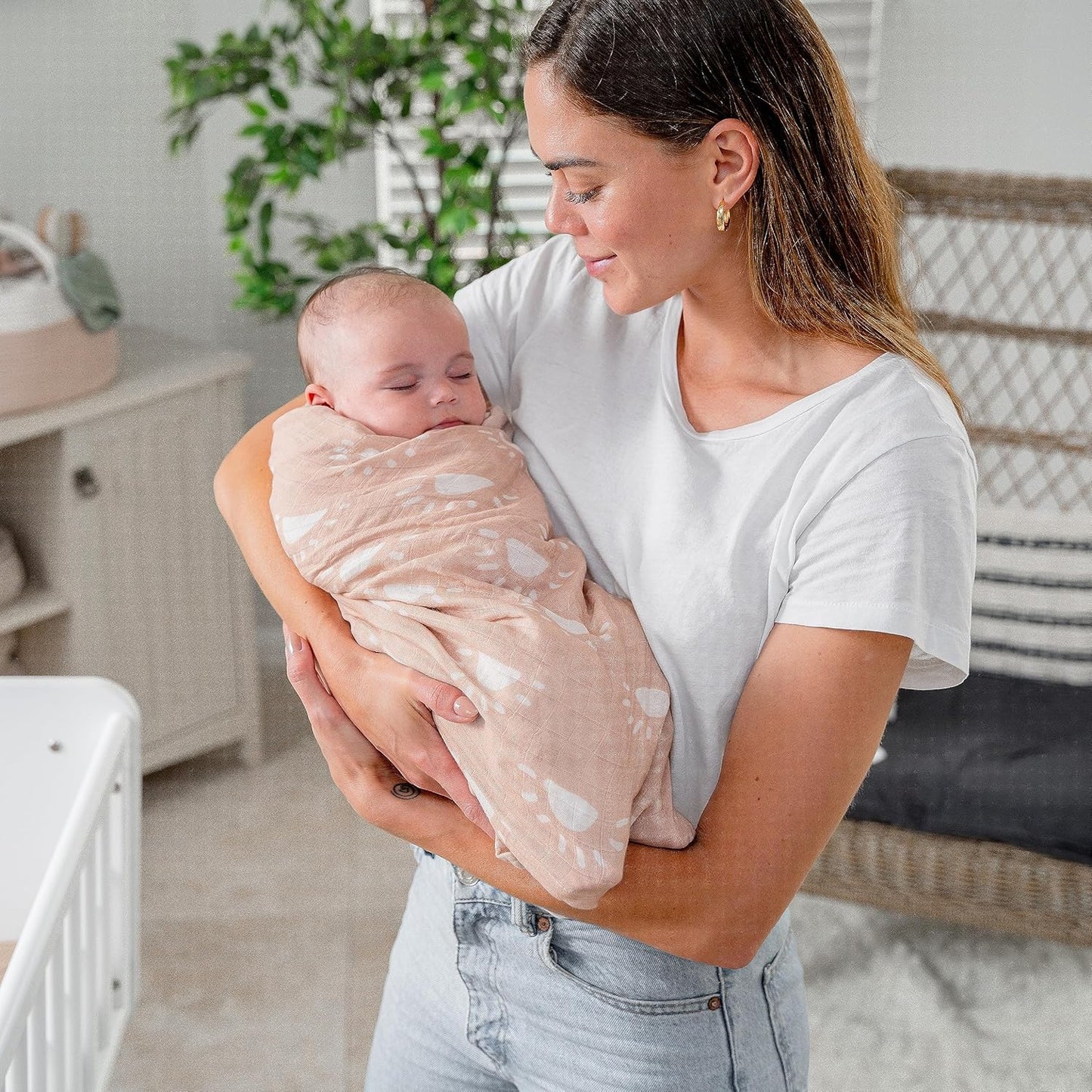 Comfy Cubs Muslin Swaddle Blankets Pack of 1 - 47 x 47 Inch Soft Cotton Baby Blanket Set, Large Multipurpose Wraps for Newborns - Self-Soothing Swaddles for Newborns - Blush Sun